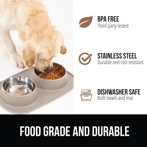 Miniatura 5 de GORILLA GRIP - Juego de cuencos para perros con tapete de alimentación de silicona antideslizante, cuencos de acero inoxidable 304 de grado Beige