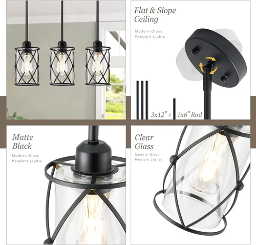 Miniatura 2 de CH9176BK-3PK - Luces colgantes de cristal para isla de cocina, paquete de 3, iluminación colgante de cocina negra sobre la isla con varilla, moderna