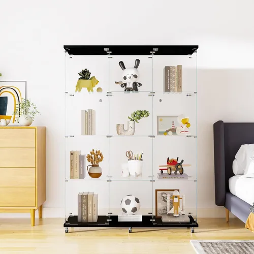 Vitrina de 4 niveles con 12 compartimentos, modernos gabinetes de cristal Curio con 2 puertas con cerradura y 6 ruedas con cerradura, vitrina de la