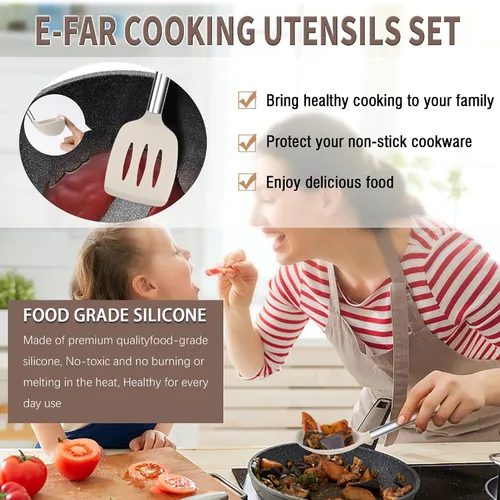 Miniatura 4 de E-far Juego de utensilios de cocina de silicona, 14 piezas, color caqui, con soporte, espátulas de herramientas de cocina con mango de acero