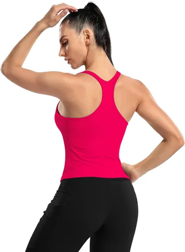 Miniatura 180 de ATTRACO Camiseta corta acanalada de entrenamiento para mujer con brasier integrado para yoga, espalda cruzada, ajuste ajustado