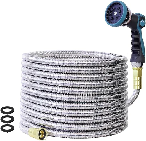 Miniatura 8 de Manguera de jardín de 75 pies, manguera de agua de acero inoxidable 304, flexible con un rociador de boquilla de 10 modos, sin torceduras, ligera, a