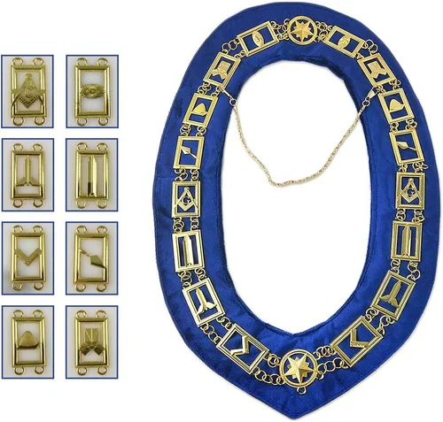 Miniatura 2 de Herramientas de trabajo con cuello masónico chapado en oro y respaldo de terciopelo azul
