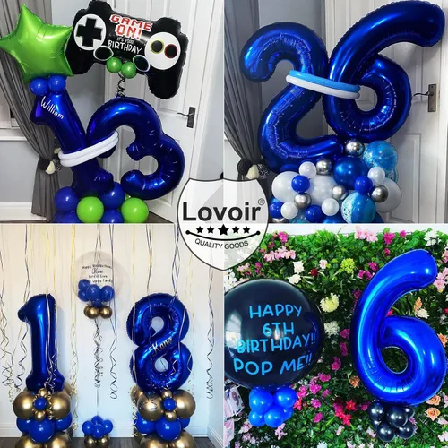 Miniatura 5 de Lovoir Globo azul marino de 40 pulgadas con el número 0 de gran tamaño de papel de aluminio de Mylar para helio azul oscuro para fiesta de Azul