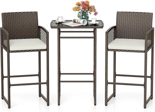 Tangkula Juego de barra de patio de 3 piezas, mesa de metal de altura de barra de mimbre para exteriores de servicio pesado y sillones con cojines,