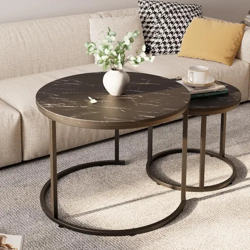 Miniatura 2 de aboxoo Mesa de Centro Redonda Anidable Juego Lateral de 2 Mesas Auxiliares para Sala de Estar Dormitorio Balcón, Mesa de Madera de Mármol Sintético