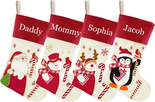 Miniatura 25 de Juego de 3, medias de Navidad personalizadas de 18 pulgadas con tecnología de bordado, diseños de Papá Noel, muñeco de nieve y renos para decoración