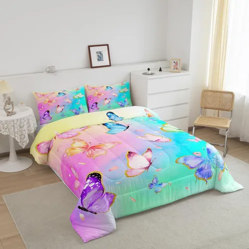 Miniatura 2 de Erosebridal Juego de ropa de cama con diseño de mariposas de dibujos animados, decoración de habitación de niñas, animales salvajes, mariposas rosas