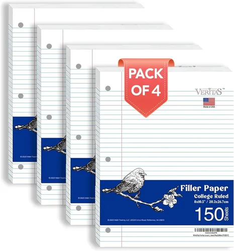 WritePads Papel de hojas sueltas con rayas universitarias, 600 hojas, papel de cuaderno a granel, papel de relleno de 3 agujeros perforados de 8 x