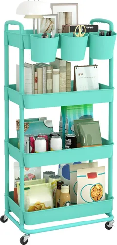 Miniatura 12 de JIUYOTREE - Carro utilitario de almacenamiento rodante de plástico de 3 niveles con tazas colgantes extra, mangos, ruedas con bloqueo para sala