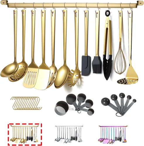 Miniatura 9 de Juego de utensilios de cocina de arco iris, Kyraton de acero inoxidable con 37 piezas, juego de herramientas de cocina con estante de utensilios
