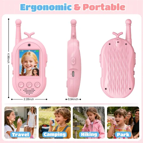 Miniatura 7 de Walkie Talkies de video para niños, paquete de 2, Walkies talkies para niños con cambiador de voz y efecto adhesivo, juguetes recargables de largo