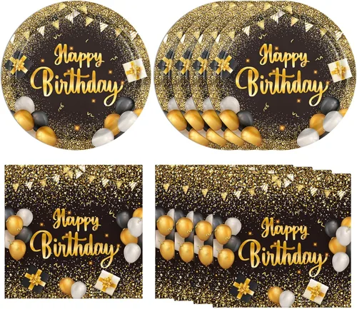 40 piezas de suministros de fiesta de feliz cumpleaños, color negro y dorado, decoración de fiesta, incluye platos y servilletas para niños y niñas,