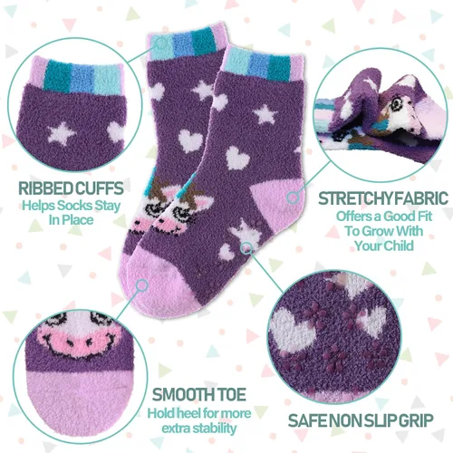 Miniatura 4 de LINEMIN Calcetines peludos para niños y niñas con agarres calcetines antideslizantes acogedores y esponjosos para invierno calcetines altos cálidos
