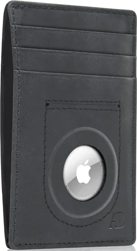 Access Denied Funda delgada para AirTag de cuero genuino con bloqueo RFID, regalos para hombres, Crazyhorse Negro, Minimalista