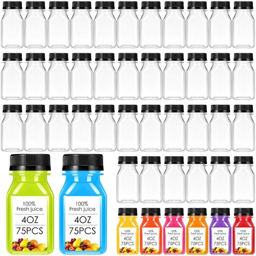 Gerrii 75 botellas de plástico para jugo de 4 onzas con tapa, pequeñas botellas transparentes reutilizables con tapas, recipientes a granel, aptas