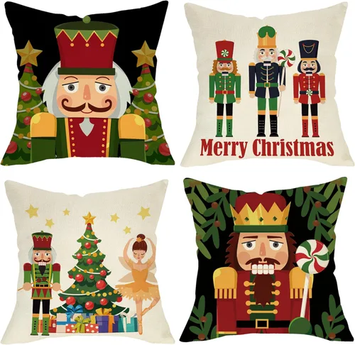 Miniatura 9 de Juego de 4 fundas de almohada decorativas con diseño de cascanueces navideñas, 20 x 20 pulgadas, árbol de Navidad, soldado de madera de dibujos