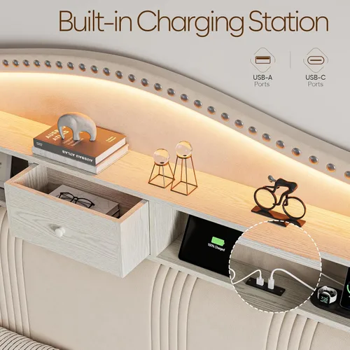 Miniatura 4 de CIKUNASI Marco de cama tamaño completo de 51.5" con cabecero y almacenamiento Marco de cama tapizado de terciopelo con luces LED y estación
