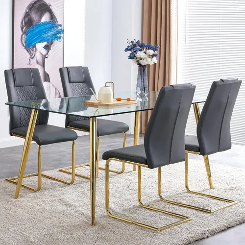 Miniatura 14 de Juego de mesa de comedor en blanco y negro de 51 pulgadas para 4, mesa de cristal minimalista moderna y 4 sillas tapizadas de piel sintética