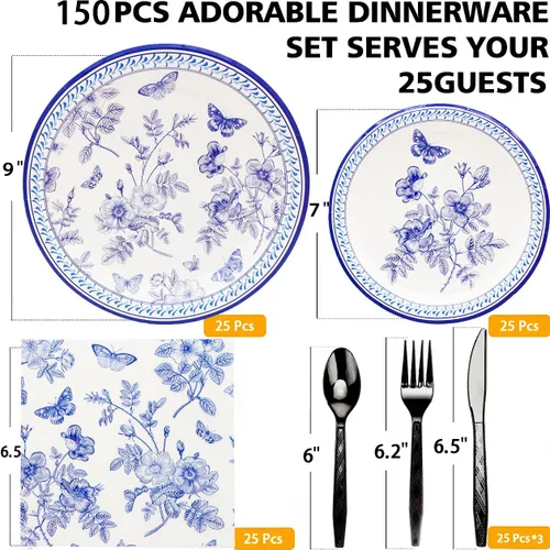 Miniatura 2 de Juego de vajilla floral azul y blanco de 150 piezas, platos de papel floral de 9 y 7 pulgadas, servilletas, cuchillos, tenedores, cucharas