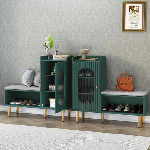 Miniatura 9 de HLR Banco de almacenamiento con puerta y estante de cristal, moderno banco de zapatos de entrada con asiento acolchado, armario de almacenamiento