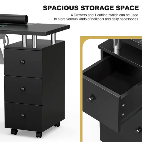 Miniatura 6 de Paddie Mesa de manicura, estación de mesa de escritorio de maquillaje de uñas con parte superior de vidrio para tecnología con ventilación Negro
