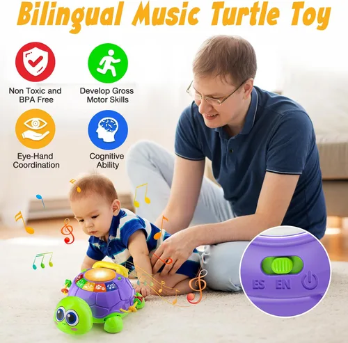 Miniatura 4 de INNOSKY Juguetes para bebés de 6 a 12 meses, juguetes musicales de tortuga para gatear y tiempo de barriga, juguetes educativos bilingües para niños
