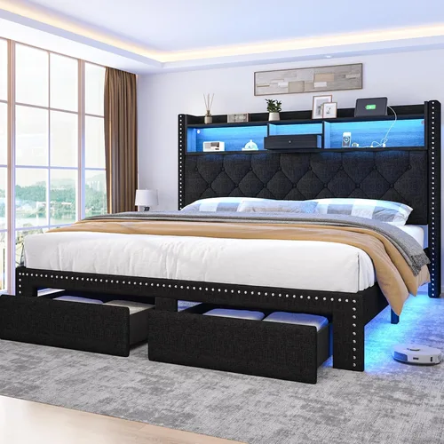 Miniatura 8 de Base de cama de lino tamaño completo con cabecera de almacenamiento de 2 niveles y estación de carga, marcos de cama de plataforma tapizados con 2