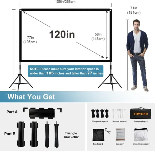 Miniatura 2 de Pantalla para proyector con soporte, Towond pantalla de cine portátil de 120 pulgadas, 16:9 HD, proyección frontal y trasera, pantalla