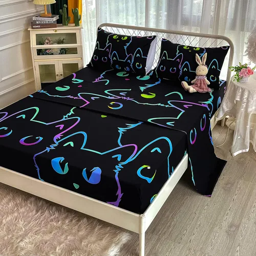 Miniatura 3 de BailiPromise Lindo juego de sábanas de dibujos animados de gatos, tamaño completo, sábanas de animales para niños con funda de almohada, sábana Son
