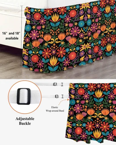 Miniatura 2 de Falda de cama floral colorida tamaño King de 18 pulgadas de caída, ajustable y elástica envolvente, plisada, con volantes de polvo de lujo para cama