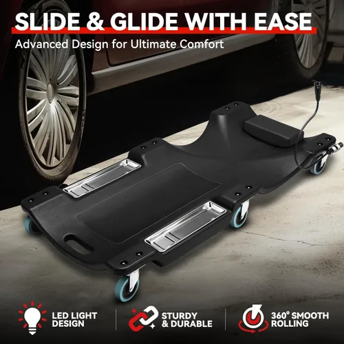 Miniatura 2 de Auto Dynasty Tablilla rodante de 40 pulgadas para reparación mecánica automotriz en el garaje, de perfil bajo, con luz LED y reposacabezas Negro