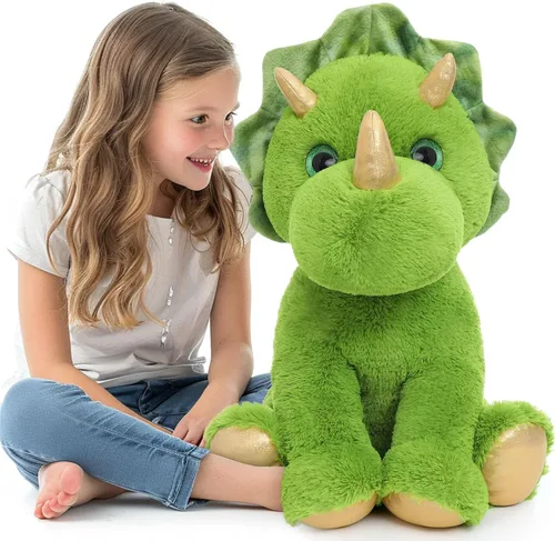 Miniatura 12 de Muiteiur Triceratops - Animal de peluche gigante de dinosaurio para mamá con 3 bebés pequeños, juguete de dinosaurio de felpa suave verde, regalo