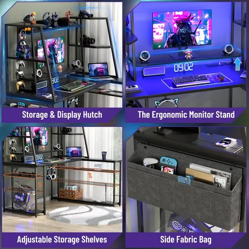 Miniatura 5 de armocity Escritorio para juegos en forma de L con gabinete y estantes, tiras de alimentación de luces LED de computadora de 47 pulgadas