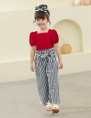 Miniatura 36 de DONWEN Conjunto de 3 piezas de ropa para niñas pequeñas y niñas con cuello cuadrado + pantalones elegantes + diadema para primavera y verano