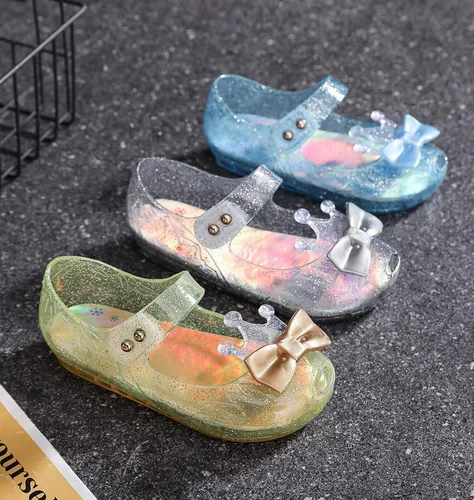 Miniatura 9 de Zapatos de gelatina para niñas, sandalias planas de vestir de princesa para niños, cosplay, gelatinas transparentes con purpurina Mary Janes