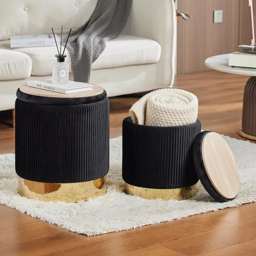 Otomana redonda de 17 y 14 pulgadas con almacenamiento, juego de 2 taburetes tapizados de terciopelo para sala de estar, otomanos, reposapiés