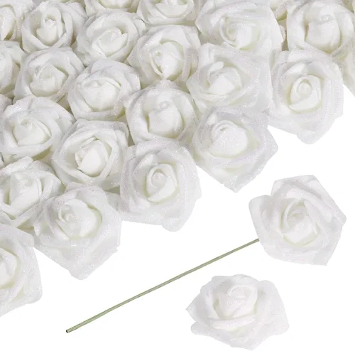 Miniatura 20 de Flores negras con purpurina, 30 unidades, flores artificiales con purpurina, rosas de espuma con tallo, flores sintéticas para bricolaje, ramo