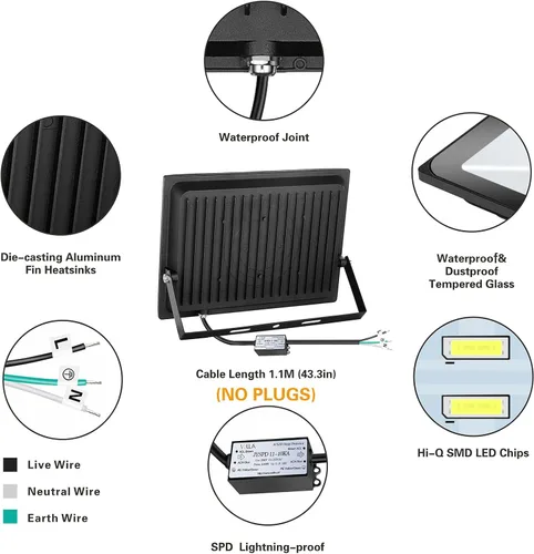 Miniatura 5 de Paquete de 2 focos LED de 100 W para exteriores, luces de seguridad superbrillantes de 8000 lúmenes, equivalente a 550 W, impermeable IP66, blanco