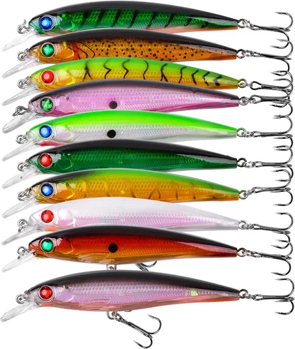 Miniatura 9 de Crankbait Minnow - Señuelos de pesca, 10 señuelos de agua superior con anzuelos agudos, cebos duros Swimbaits 3D ojos de pesca realistas cebo