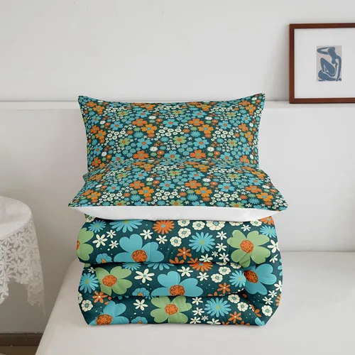 Miniatura 6 de Juego de ropa de cama floral retro, tamaño individual, vintage de los años 70 y 60, juego de edredón para niños, adultos y adolescentes, juego
