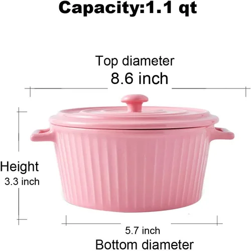 Miniatura 2 de Cacerola con tapa, cacerola de cerámica de 1.1 cuartos de galón para horno colorido (1, rosa)