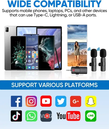 Miniatura 4 de Micrófonos Lavalier inalámbricos para iPhone, iPad, Android, cámara, micrófono USB-C 3 en 1, micrófono de batería de 7 horas, mini micrófono