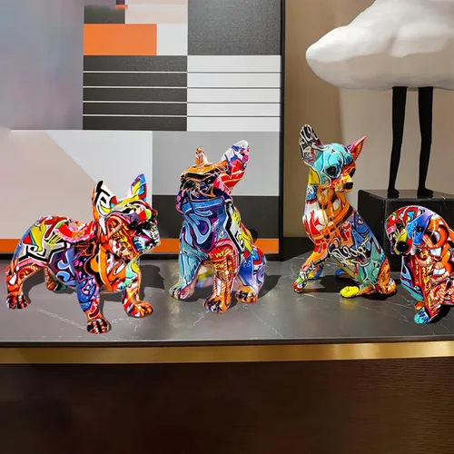 Miniatura 6 de Estatua de Bulldog Francés con Graffiti, Escultura Figurilla de Arte de Perro Animal, Decoración del Hogar para Sala de Estar, Dormitorio, Estante