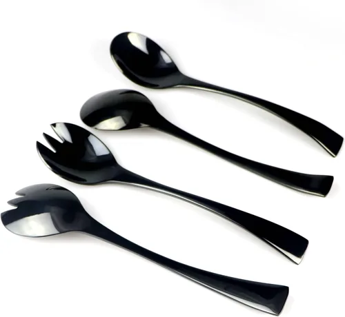 Miniatura 2 de Juego de 4 tenedores y cucharas de ensalada de acero inoxidable 18/10 para pulir color negro Juego de ensalada