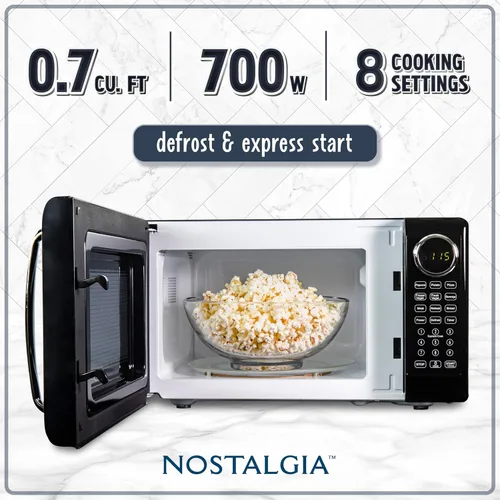 Miniatura 2 de Nostalgia Horno microondas retro de 0.7 pies cúbicos, tamaño de encimera de 700 vatios con tocadiscos de vidrio, bloqueo de seguridad para niños, 8