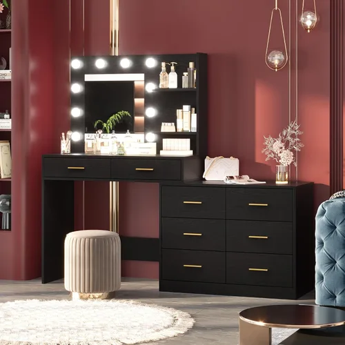 Miniatura 7 de GarveeHome Escritorio de maquillaje de 61 pulgadas con espejo y luces, tocador negro con 8 cajones de almacenamiento anchos y estantes de 2 niveles