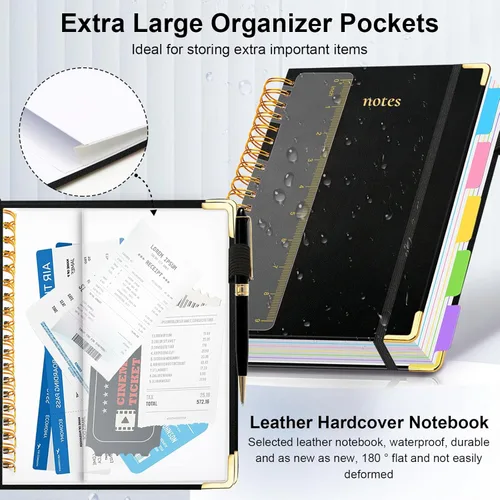 Miniatura 2 de Cuaderno de espiral de tapa dura de 6.2"x 8.2", cuaderno con pestañas y divisores removibles de 300 páginas, cuaderno de 5 divisiones con rayas
