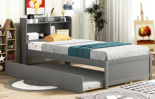 Miniatura 7 de Base de cama de tamaño individual con nido, cama de plataforma para dormitorio, marco de cama nido con cabecera de estantería para niños, niñas