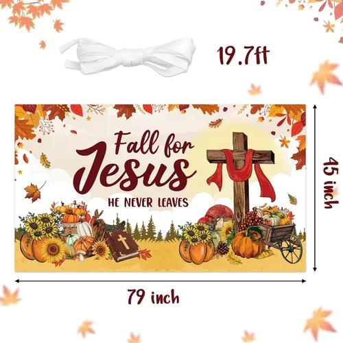 Miniatura 2 de WATINC Decoración de pancarta extragrande de otoño para Jesús, con texto en inglés "Fall for Jesus" ("Fall for Jesus", "El nunca deja"), fondo